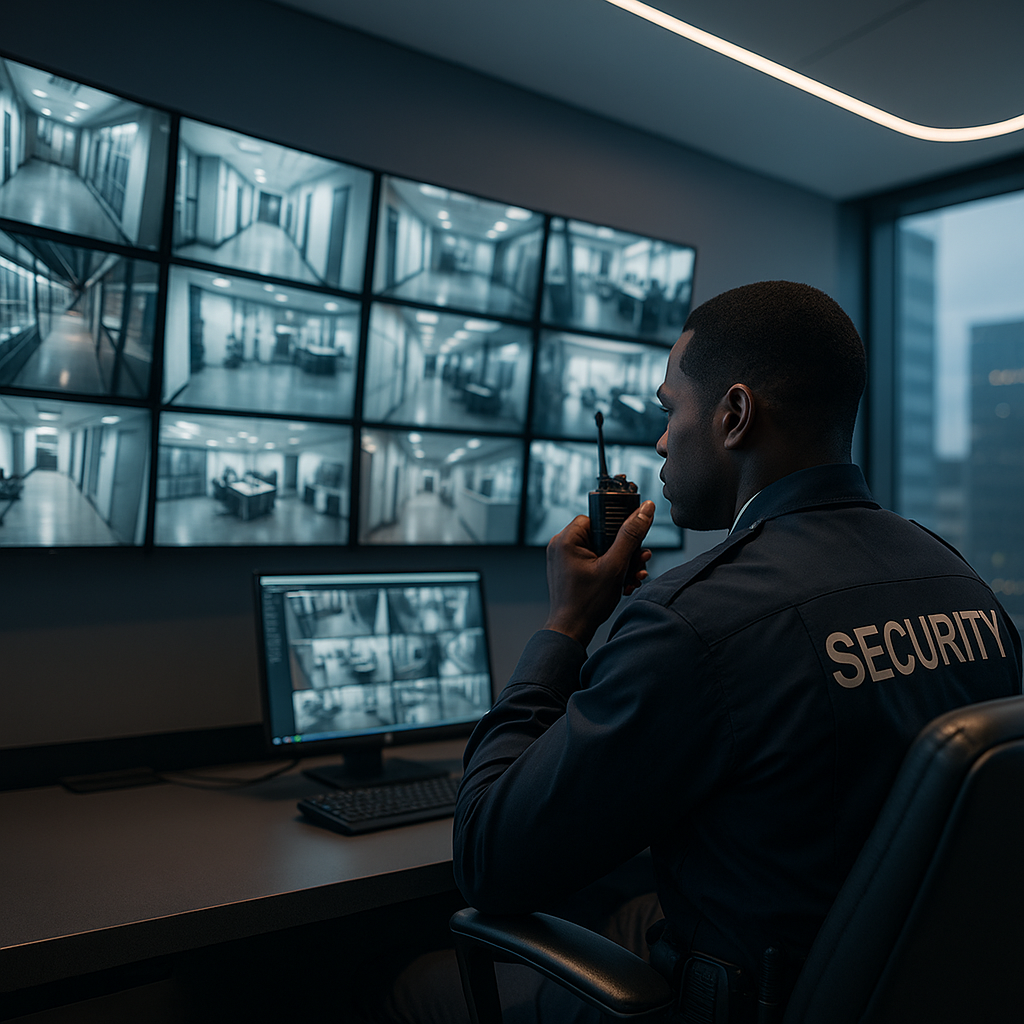 Security control room with monitoring screens